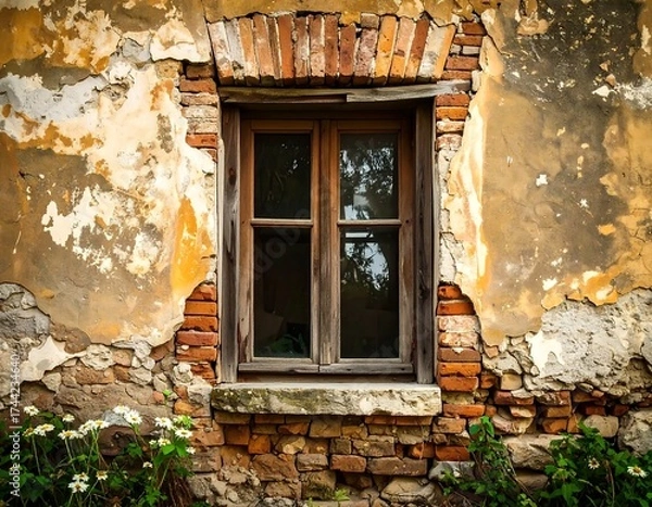 Obraz Old window in crumbling wall