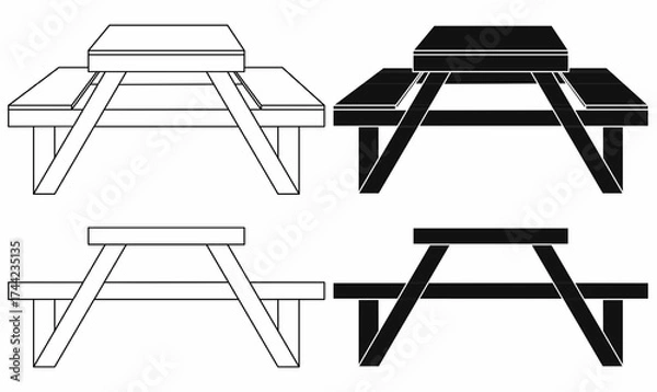 Fototapeta Black and white vector illustration of a wooden picnic table or picnic bench from front and top view, shown in outline and solid silhouette. Perfect for outdoor, park, camping, furniture design use