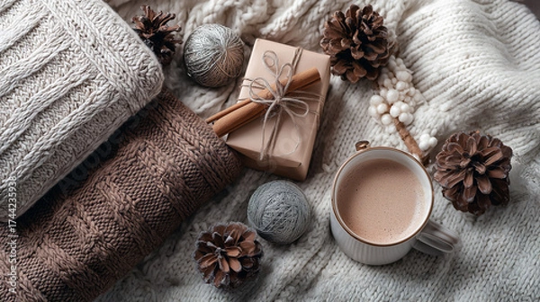Fototapeta A flat lay of festive holiday items including wrapped gifts, ornaments, pinecones, and a cup of hot cocoa with a cinnamon stick. The background features a soft, knitted blanket for a cozy feel.