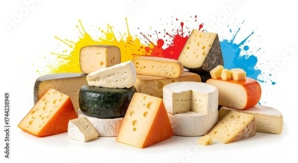 Fototapeta A large assortment of various cheeses isolated on a white background. Gourmet dairy products with a creative and colorful paint splash.