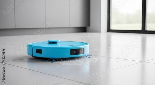 Fototapeta A blue robotic vacuum cleaner mopping a wet spill on a modern tile floor. Smart home cleaning technology and household automation. Copy space for text.