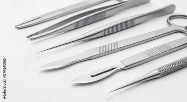 Fototapeta Set of stainless steel surgical instruments on a white background. Close-up of medical tools including forceps, scalpels, and scissors for a sterile procedure. Healthcare and medicine concept
