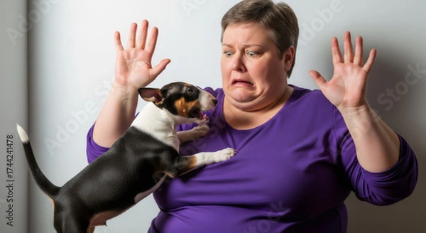 Fototapeta A scared woman makes a funny shocked face as a bull terrier puppy playfully bites her. Humorous interaction between a pet owner and an energetic dog. Pet behavior problems concept