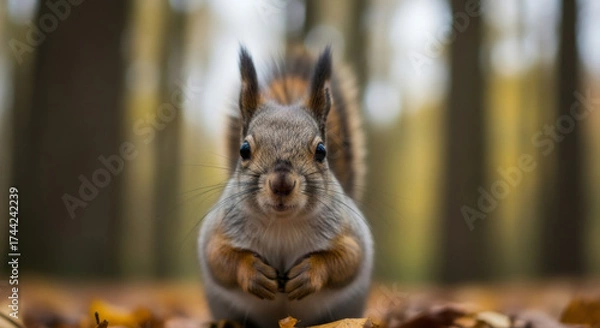 Fototapeta A curious squirrel in an autumn forest. Close-up wildlife portrait of a small rodent on the ground with fall leaves. Animal looking directly at the camera
