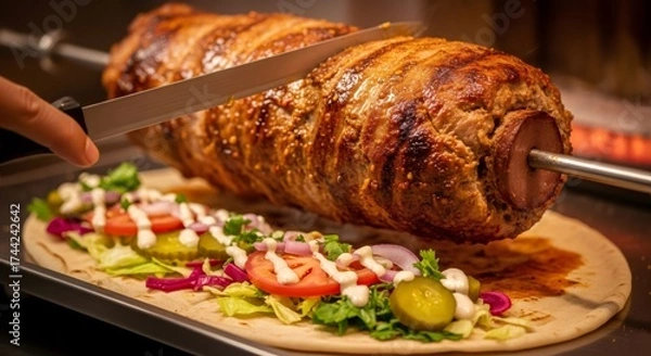 Fototapeta Chef slicing roasted chicken shawarma from a horizontal rotisserie spit. Preparing a fresh doner kebab sandwich with vegetables. Middle Eastern street food concept.