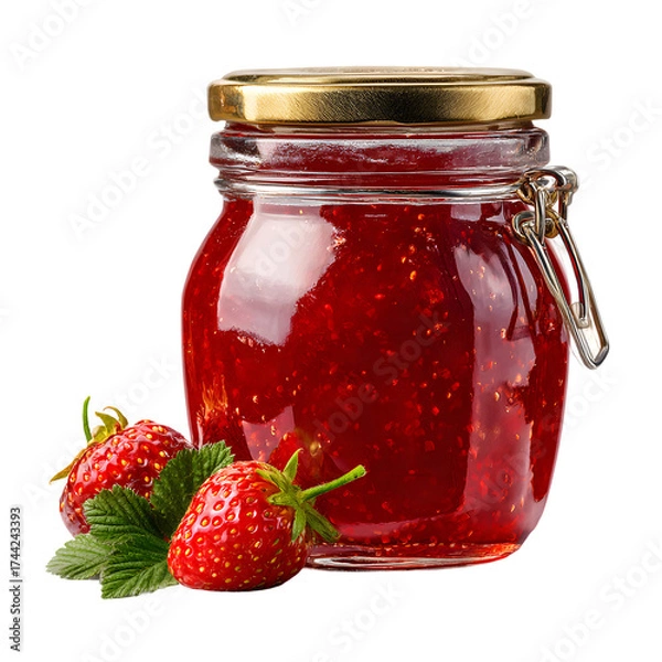 Fototapeta Delicious homemade strawberry jam in a glass jar with fresh ripe berries. Sweet fruit preserve isolated on black background for design.
