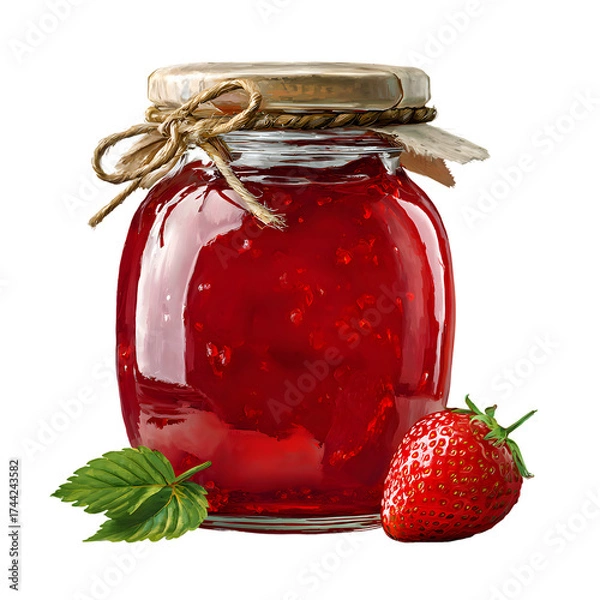 Fototapeta Delicious homemade strawberry jam in a glass jar with fresh ripe berries. Sweet fruit preserve isolated on black background for design.