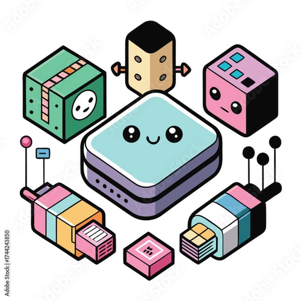 Fototapeta Isometric Cute Tech Gadgets Illustration Set Colorful and Playful Design for Tech Lovers and Graphic Projects with Diverse Devices and Character Faces