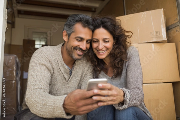 Fototapeta Moving Moments: A couple smiles, engrossed in their smartphone, surrounded by boxes, capturing the anticipation of a new beginning, embodying the concept of domestic bliss.