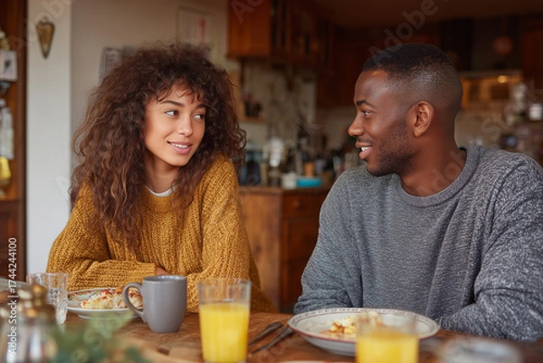 Fototapeta Breakfast Harmony: A tender moment unfolds as a couple engages in a gentle conversation over a delicious meal, exuding warmth and connection.