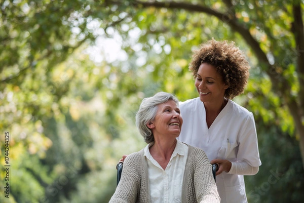 Fototapeta A smiling elderly lady holding hands walks through the park, enjoying nature and their togetherness