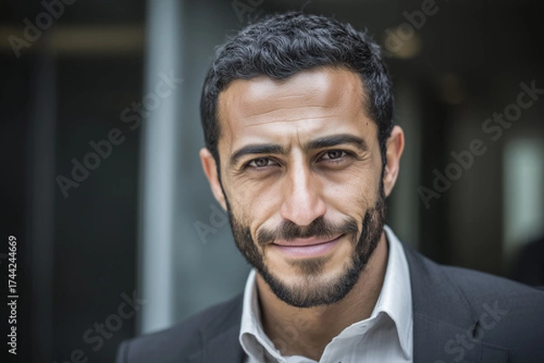 Fototapeta Handsome confident businessman in a black suit with a tie smiling in a successful executive portrait