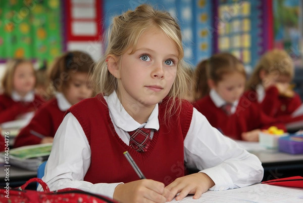 Fototapeta Portrait of a student in a classroom looking at white board