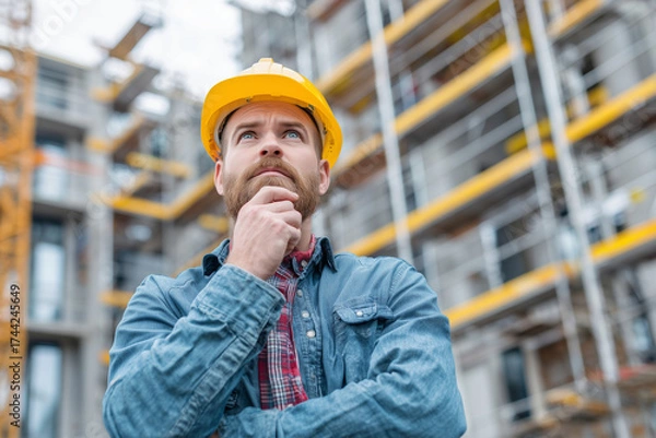 Fototapeta Workers wearing safety helmets and hardhats collaborate in a construction warehouse building on an industrial site