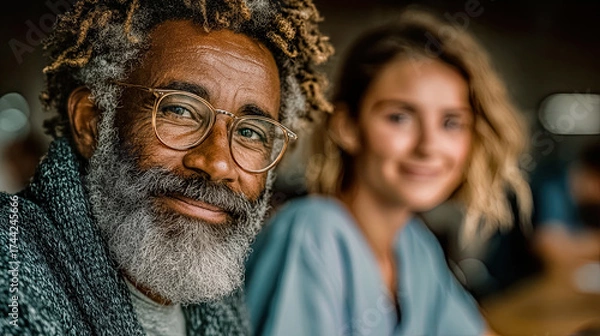 Fototapeta Older man with glasses and white beard smiling warmly with young woman blurred in the background - Generated with AI