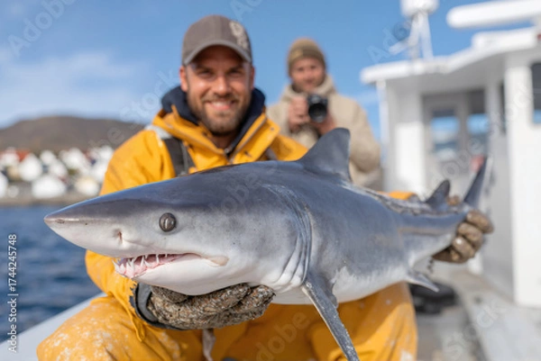 Fototapeta Smiling fisherman holding a small shark on a fishing boat. A successful catch during a sea angling adventure. Close-up of marine wildlife.