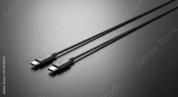 Fototapeta Two black USB-C cables on a dark reflective background. Modern technology for charging and data transfer. Electronic device accessory with copy space.