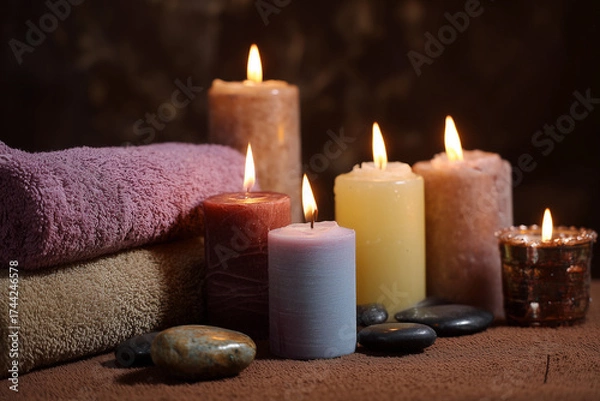 Fototapeta Romantic spa still life with burning candles and flame light for relaxation and aromatherapy