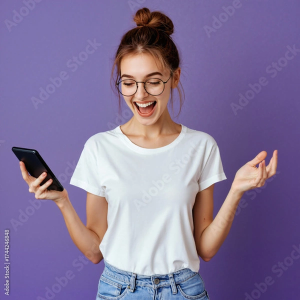 Fototapeta Excited young woman laughing while looking at her smartphone. Happy girl reacting with surprise to good news online. Isolated on a purple studio background with copy space