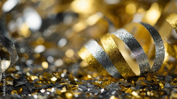 Fototapeta A dazzling close-up of a sparkling party decoration, featuring gold and silver streamers and confetti. The shimmer and shine create a festive vibe, perfect for New Year’s celebrations.