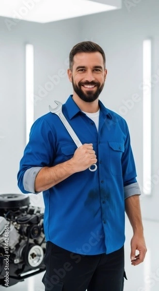 Fototapeta Professional auto mechanic with a wrench smiling in a modern car repair shop. Expert technician providing vehicle maintenance service