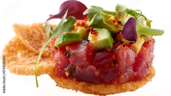 Fototapeta Gourmet tuna tartare with avocado on a crispy rice cracker. Fresh seafood appetizer isolated on a white background