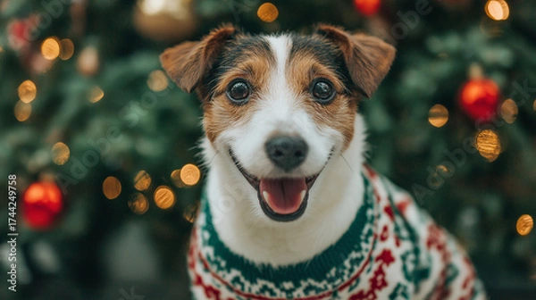 Fototapeta A cute dog wearing a festive Christmas sweater, sitting in front of a decorated tree. The dog's joyful expression captures the fun of the holiday season, perfect for sharing on social media