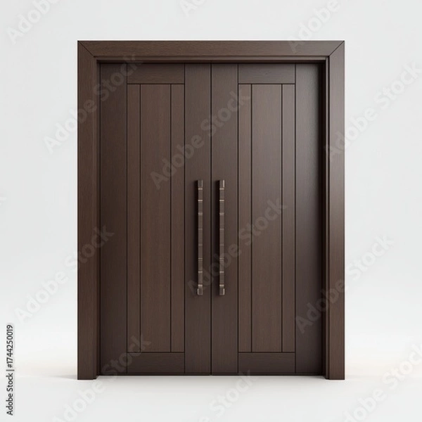 Fototapeta Elegant dark oak double doors with vertical grain pattern and minimalist design on clean white background