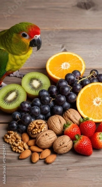 Fototapeta A colorful conure parrot with an assortment of fresh fruit and nuts. Healthy natural diet and avian nutrition concept on a rustic wooden table