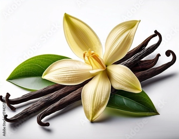 Fototapeta Vanilla Flower and Pods Still Life: A close-up of the fragrant spice, showcasing its beauty and culinary significance.