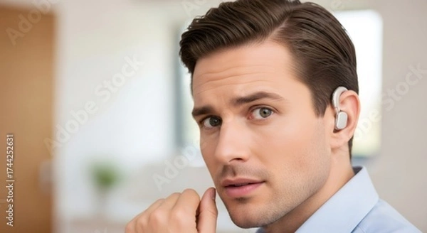 Fototapeta Close-up portrait of a man wearing a modern hearing aid. Audiology and solutions for hearing loss. Attentive professional with a hearing impairment