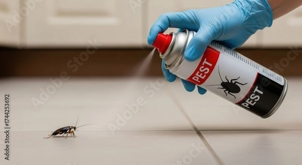 Fototapeta Exterminator's hand in a protective glove spraying a cockroach on the floor. Pest control and insect infestation management
