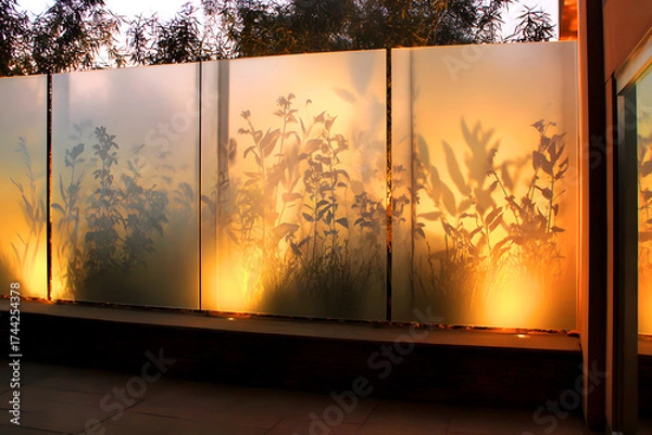 Fototapeta Illuminated plants seen as dark silhouettes through frosted glass, play of light and shadow, modern design idea for partitions and outdoor fencing