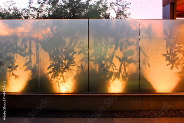 Fototapeta Illuminated plants seen as dark silhouettes through frosted glass, play of light and shadow, modern design idea for partitions and outdoor fencing