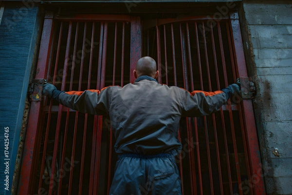 Fototapeta Worker in uniform closing heavy metal warehouse gates in dark industrial area, moody factory zone atmosphere, concept of labor and industry