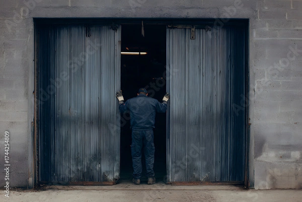 Fototapeta Worker in uniform closing heavy metal warehouse gates in dark industrial area, moody factory zone atmosphere, concept of labor and industry
