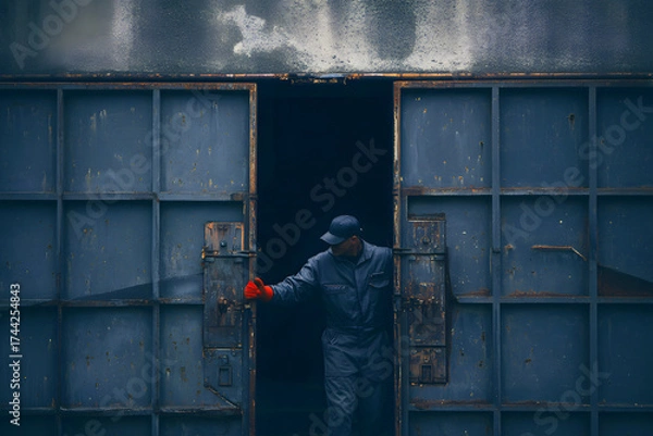 Fototapeta Worker in uniform closing heavy metal warehouse gates in dark industrial area, moody factory zone atmosphere, concept of labor and industry