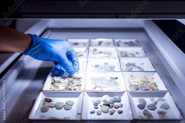 Fototapeta The frame shows the hand of a scientist studying images of rocks and minerals in laboratory conditions, geological research and process analysis.