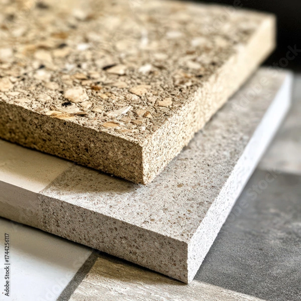 Fototapeta Two square pieces of stone with a white border. The top piece is brown and the bottom piece is white