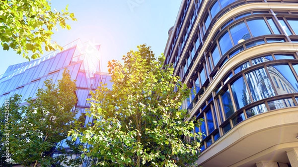 Fototapeta Glass office building surrounded with green trees.  Eco-friendly office building. Sustainable architecture of city reducing heat carbon dioxide modern city environment.