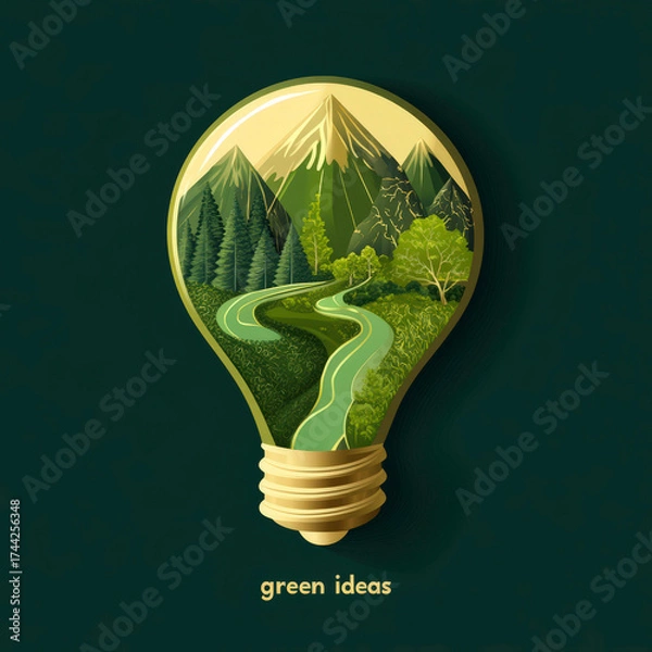 Fototapeta A light bulb with a mountain range in the background. The light bulb is surrounded by a green forest. The light bulb is labeled with the word "green ideas"