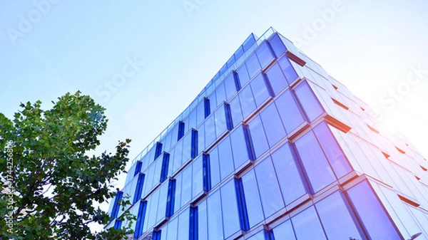 Fototapeta Glass office building surrounded with green trees.  Eco-friendly office building. Sustainable architecture of city reducing heat carbon dioxide modern city environment.