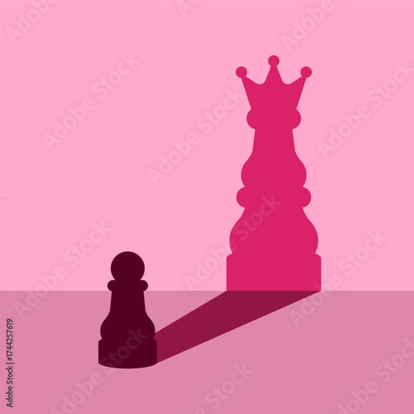 Fototapeta Pawn with queen shadow chess pieces. Ambition and motivation concept. Confidence and the belief in personal potential. Dream big idea. Self growth, success and win in business. Vector illustration.