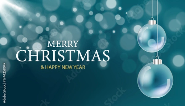 Fototapeta Blue Christmas ornaments hang against a teal background with soft bokeh lights. Text reads Merry Christmas