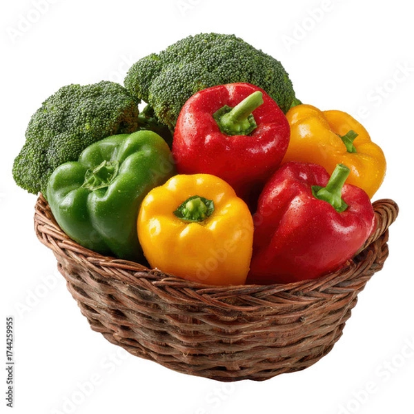 Obraz woven basket png bell peppers png colorful peppers png vegetables basket png produce basket png transparent background image