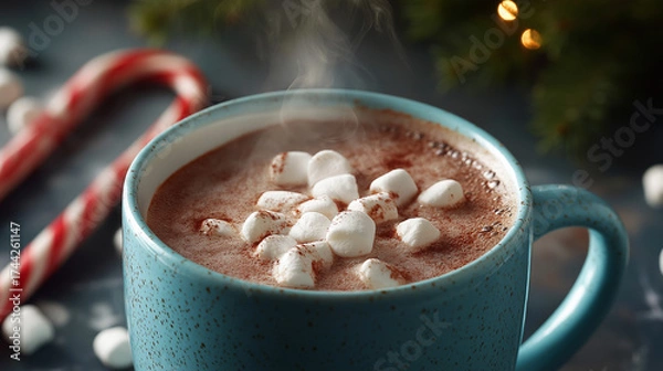 Fototapeta A close-up of a steaming mug of hot cocoa with marshmallows and a candy cane