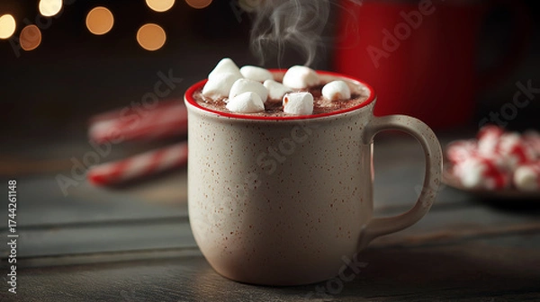 Fototapeta A close-up of a steaming mug of hot cocoa with marshmallows and a candy cane