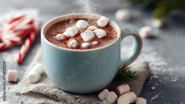 Fototapeta A close-up of a steaming mug of hot cocoa with marshmallows and a candy cane