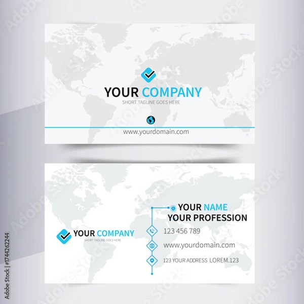 Fototapeta Modern Minimalist Business Card Template — Corporate Identity Design with World Map Background and Blue Accents