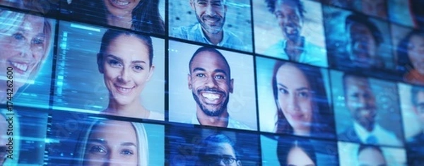 Fototapeta The video wall of diverse smiling professionals in a virtual meeting grid